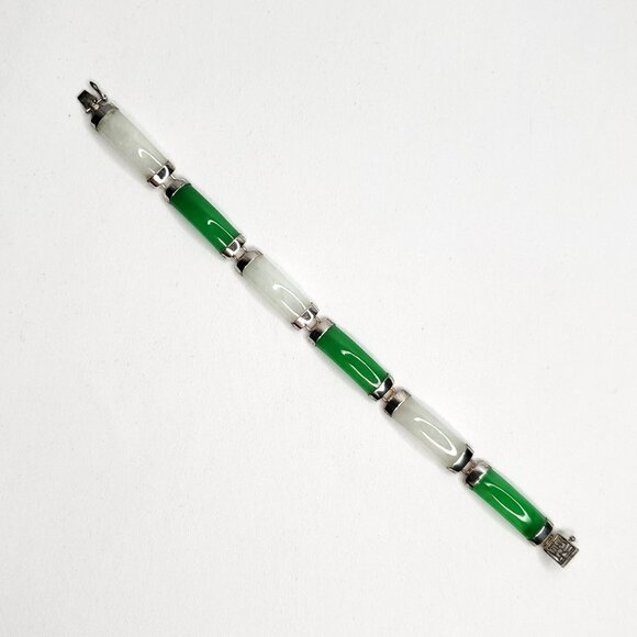 Jade Bar Link Bracelet Green White Sterling Silver 7 1/8" - Picture 1 of 4